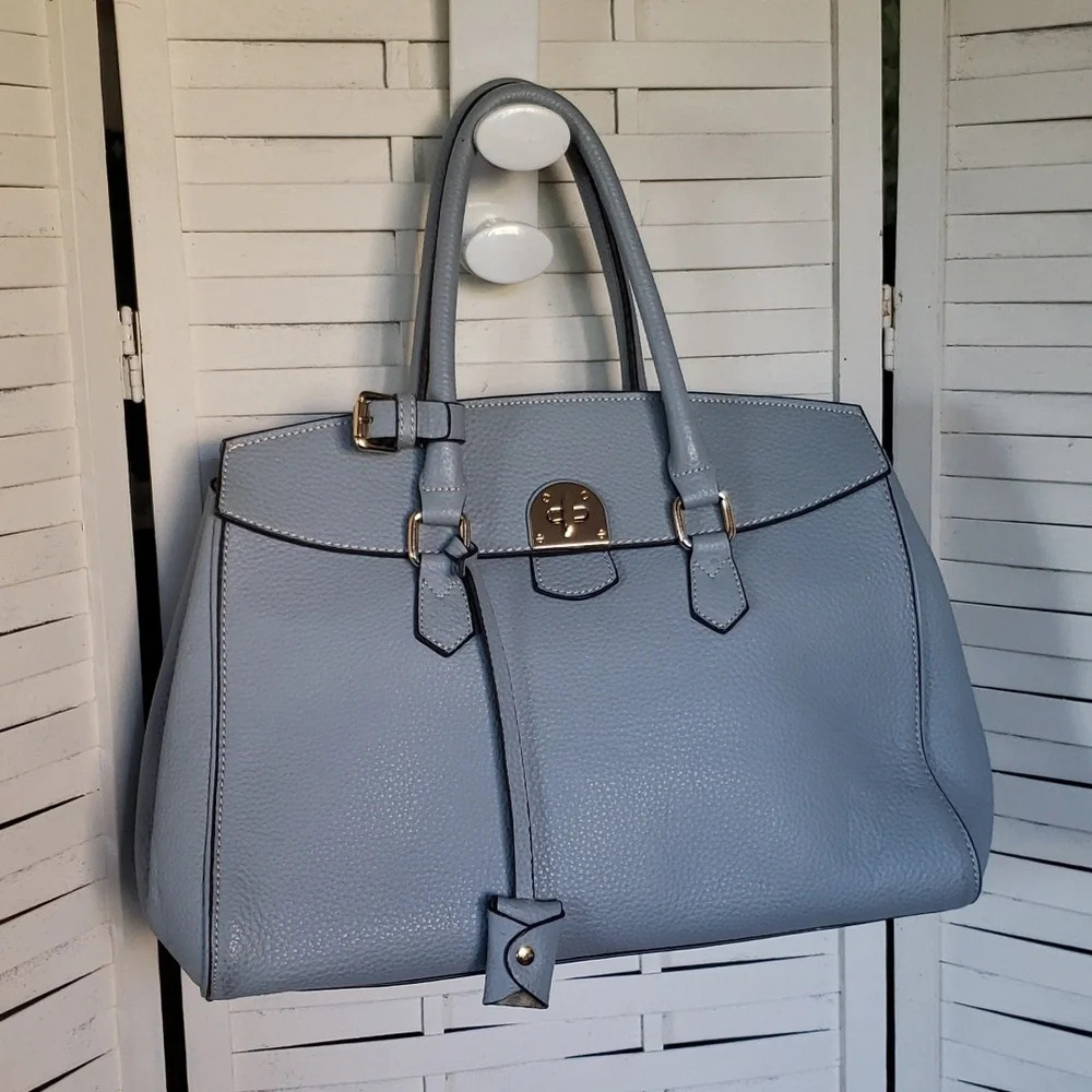 INZI blue gray pebble leather flap clousure satchel bag